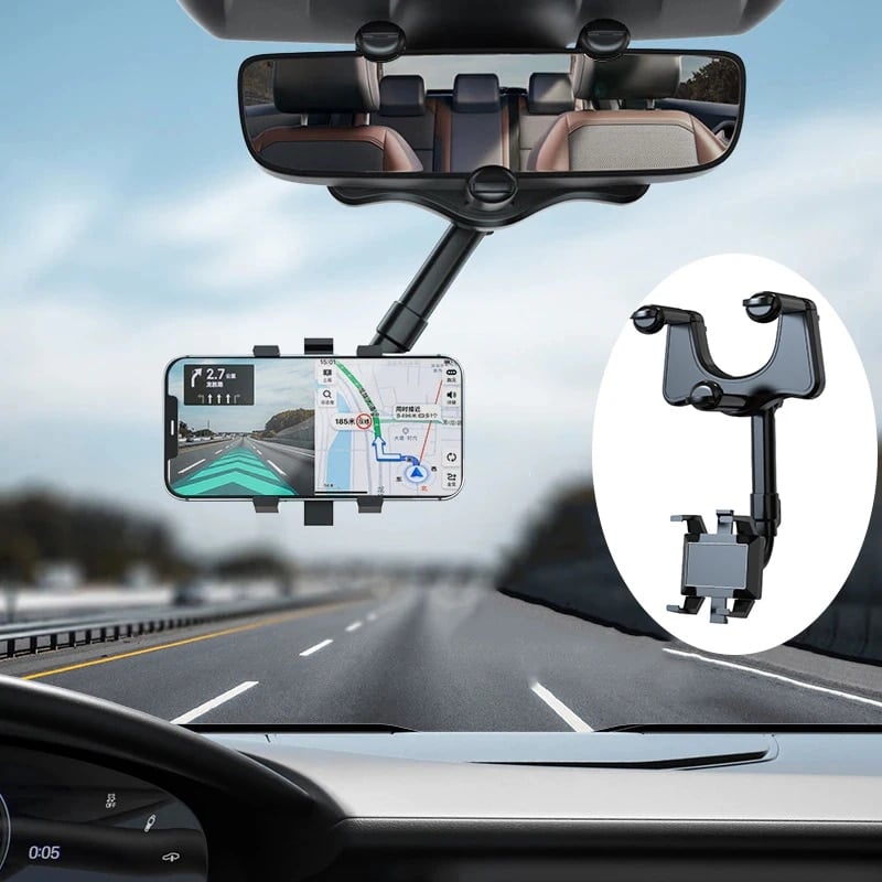 Maxicea - 360° Car Rearview Mirror Phone Holder for Car Mount Phone and GPS Holder Support Rotating Adjustable Telescopic Phone Stand