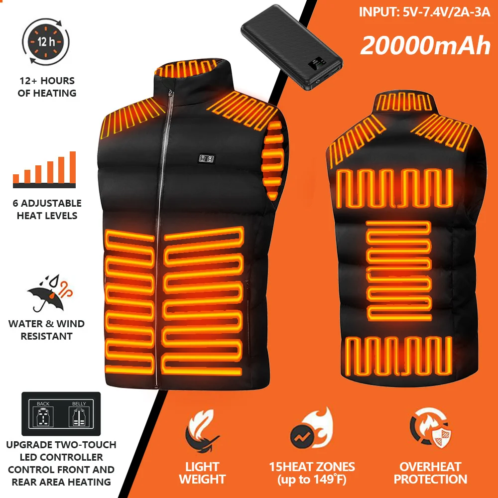 2023 Updated Version Two-touch 15Heat Zones LED Controller Heated Vest For Men & Women (With Battery Pack)