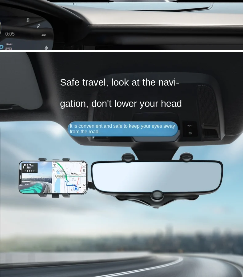 360 Car Rearview Mirror Phone Holder for Car Mount Phone and GPS Holder Support Rotating Adjustable Telescopic Phone Stand