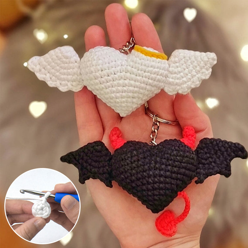 Devil & Angel With Wings Crochet heart keychain