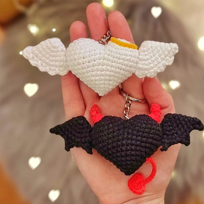 Devil & Angel With Wings Crochet heart keychain