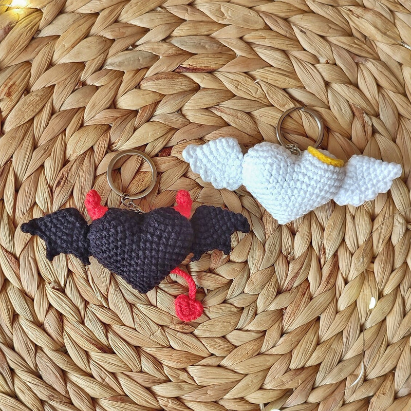 Devil & Angel With Wings Crochet heart keychain