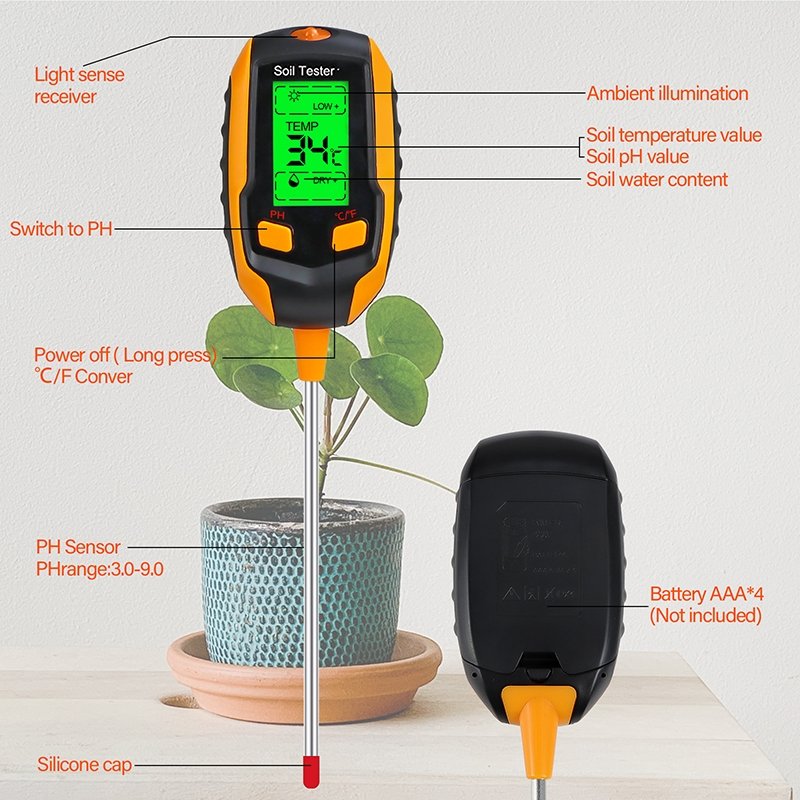 Soilphu Digital 4-in-1 Soil Test Meter, large LCD screen, probe accurately quick measure, battery power supply