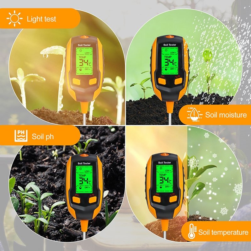 Soilphu Digital 4-in-1 Soil Test Meter, large LCD screen, probe accurately quick measure, battery power supply