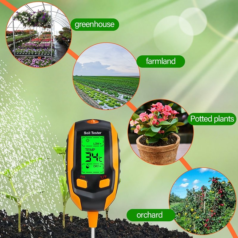 Soilphu Digital 4-in-1 Soil Test Meter, large LCD screen, probe accurately quick measure, battery power supply