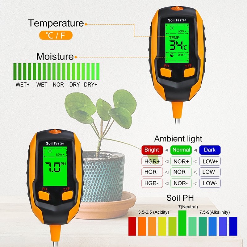 Soilphu Digital 4-in-1 Soil Test Meter, large LCD screen, probe accurately quick measure, battery power supply