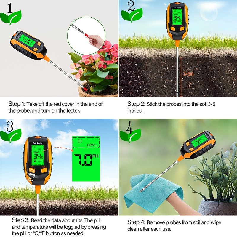 Soilphu Digital 4-in-1 Soil Test Meter, large LCD screen, probe accurately quick measure, battery power supply