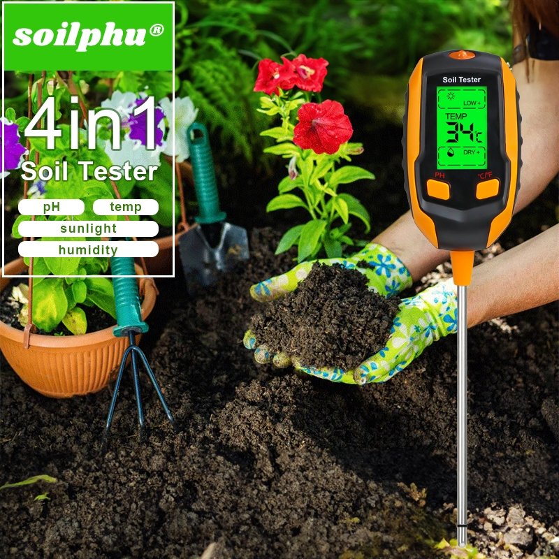 Soilphu Digital 4-in-1 Soil Test Meter, large LCD screen, probe accurately quick measure, battery power supply