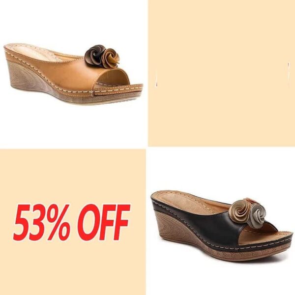 Last Day 50% OFF - Womens Comfy Leather Solid Flower Strap Wedge Sandals