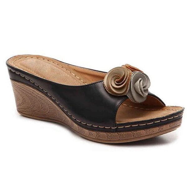 Last Day 50% OFF - Womens Comfy Leather Solid Flower Strap Wedge Sandals