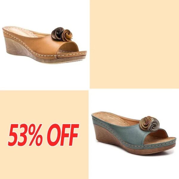 Last Day 50% OFF - Womens Comfy Leather Solid Flower Strap Wedge Sandals