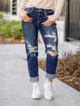 Tummy Control Distressed Cuffed Boyfriend Jean