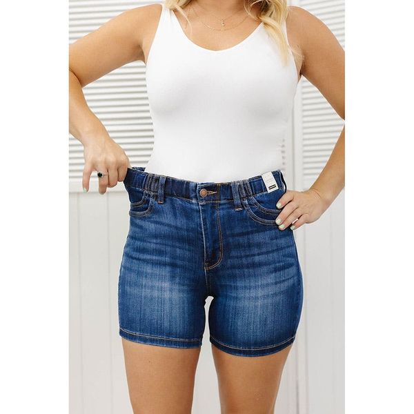 High Waist Elastic Waist Mid Length Shorts