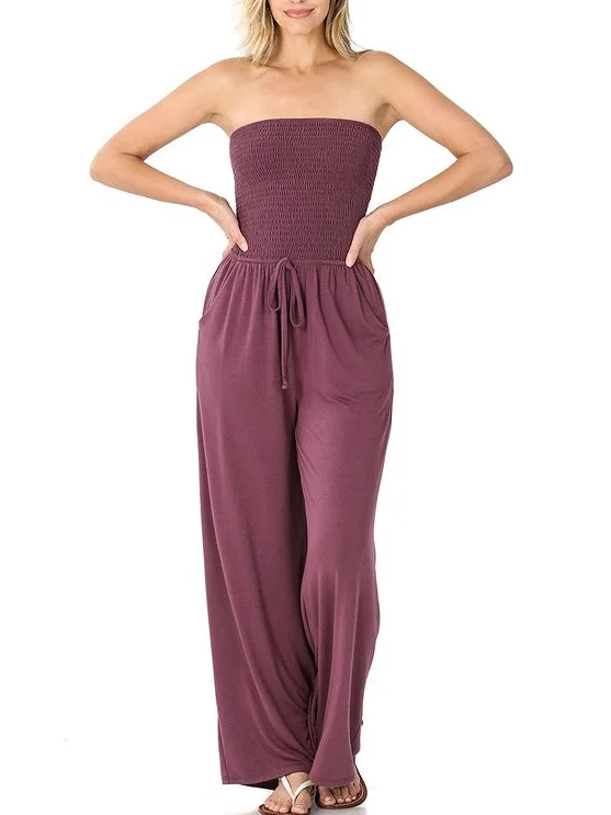 Hot Sale - Off Shoulder Solid Color Smocked Jumpsuit