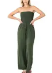 Hot Sale - Off Shoulder Solid Color Smocked Jumpsuit