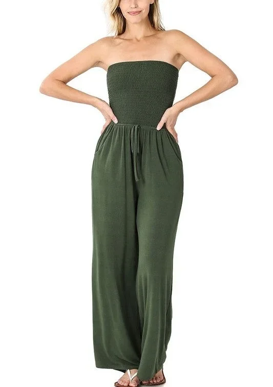 Hot Sale - Off Shoulder Solid Color Smocked Jumpsuit