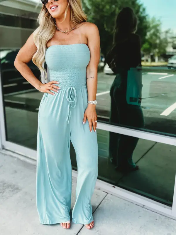 Hot Sale - Off Shoulder Solid Color Smocked Jumpsuit