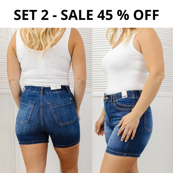 LAST DAY SALE 50% OFF - Medium Wash High Waist Elastic Waist Mid Length Shorts