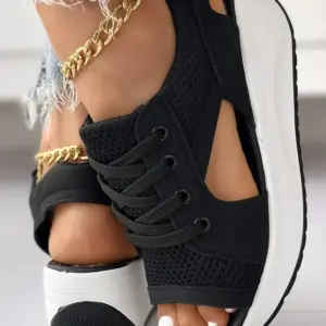 Contrast Paneled Cutout Lace-up Muffin Sandals