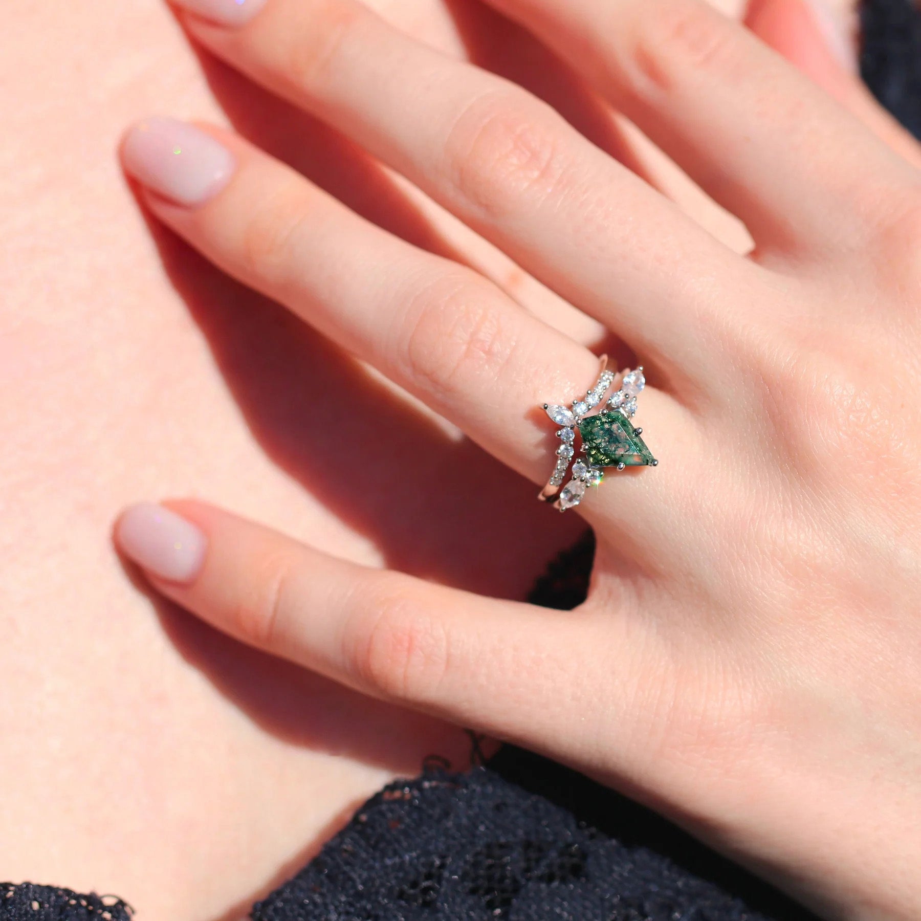 GREEN MOSS AGATE RING- STERLING SILVER