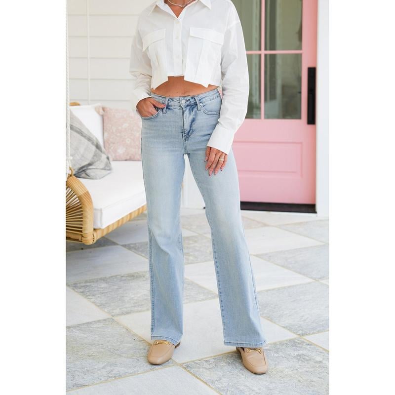 High Rise Vintage Wash Tummy Control Top Straight Leg Jeans