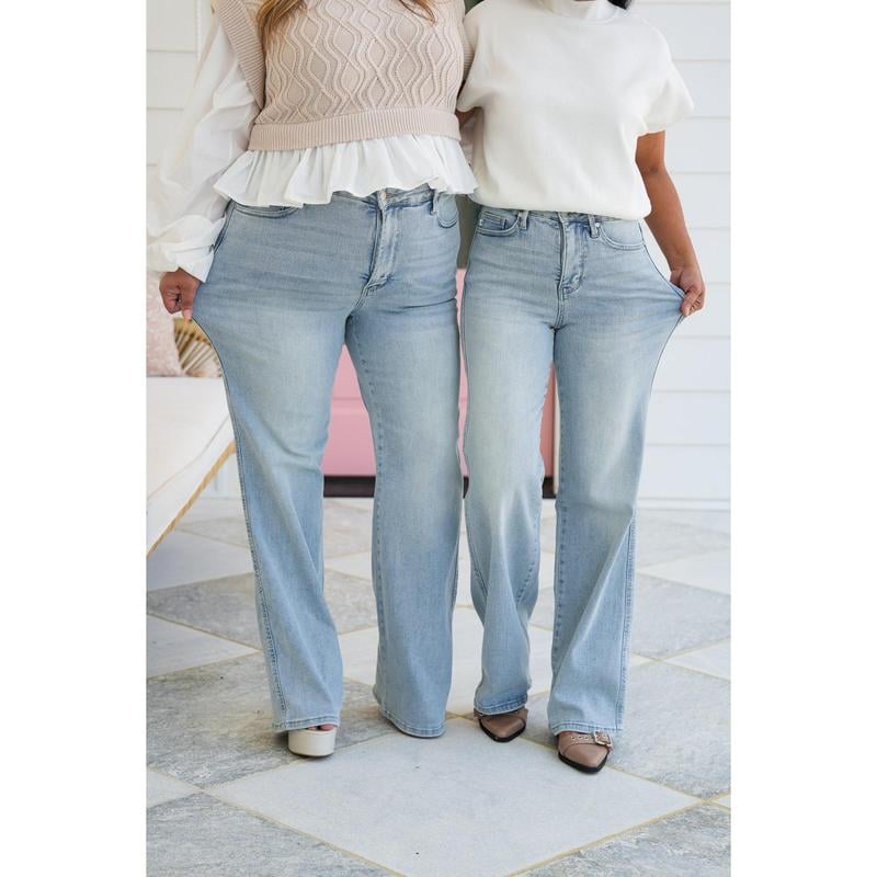 High Rise Vintage Wash Tummy Control Top Straight Leg Jeans