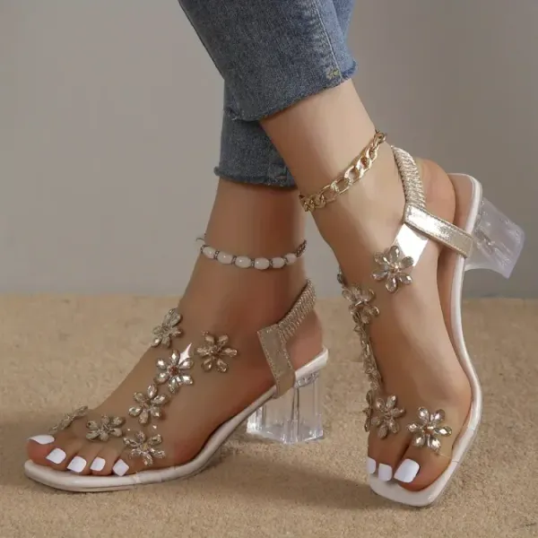 Last Day 49% OFF - Women's Flower Rhinestone Block Heel Sandals