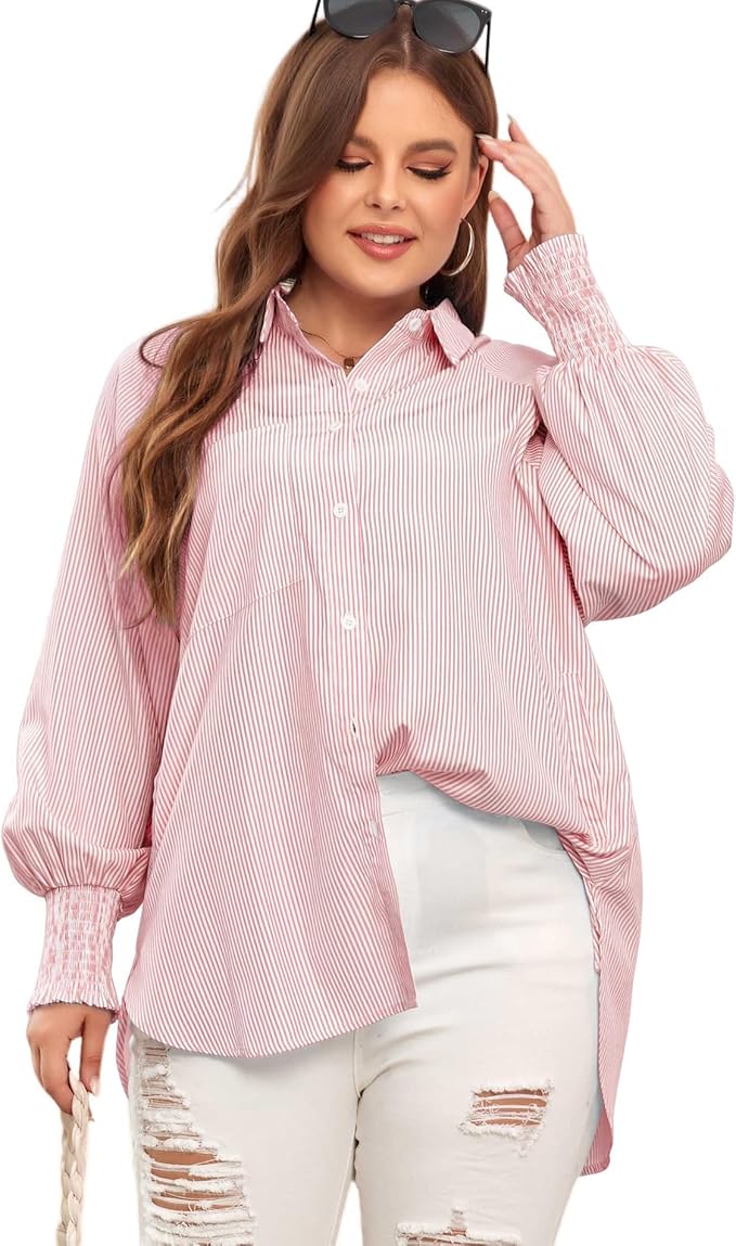 Last Day Sale 60% OFF - Mid-length smocked shirt with striped lapel and oversized drawdown sleeves