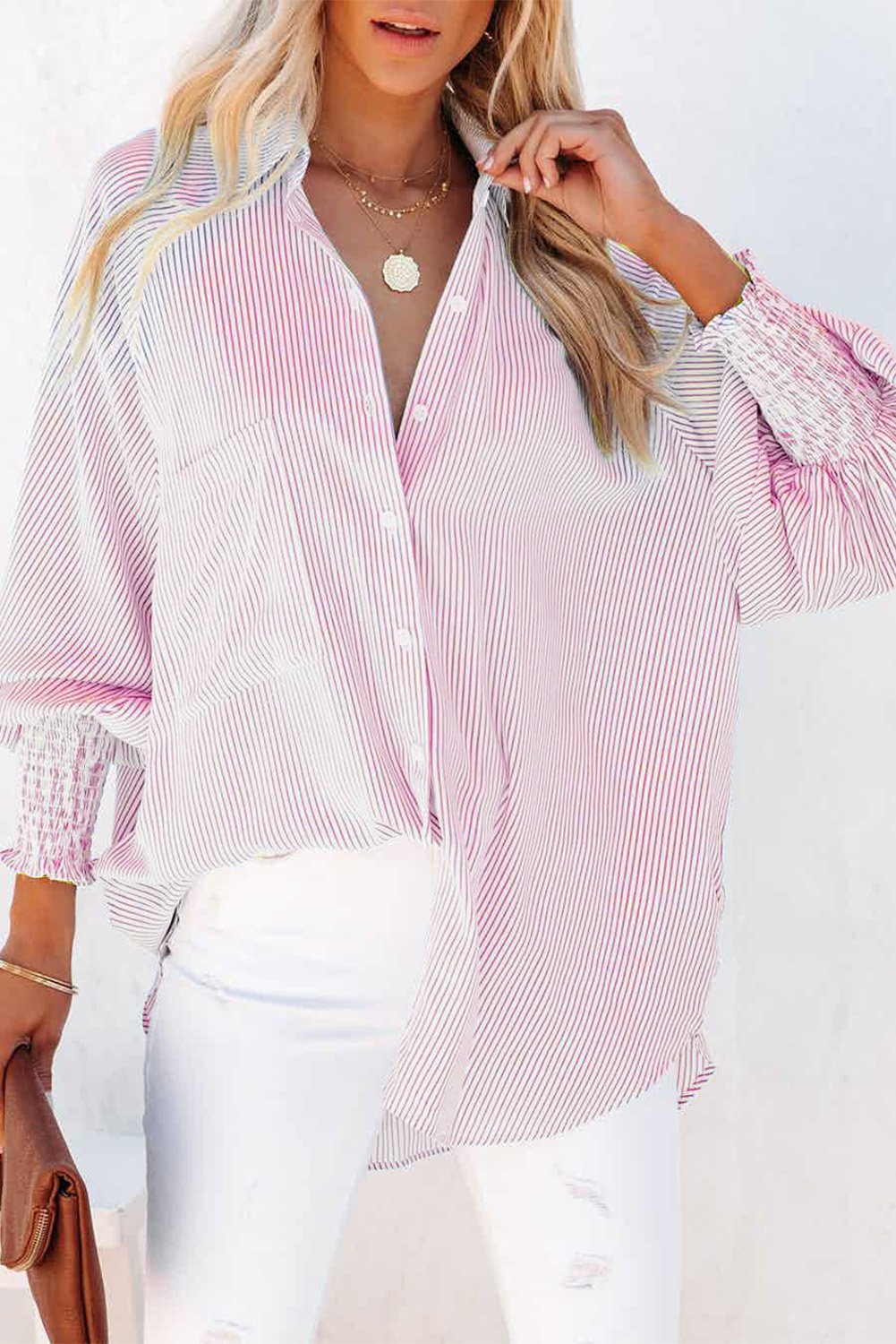 Last Day Sale 60% OFF - Mid-length smocked shirt with striped lapel and oversized drawdown sleeves