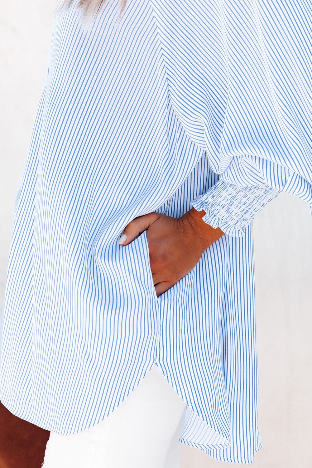 Last Day Sale 60% OFF - Mid-length smocked shirt with striped lapel and oversized drawdown sleeves