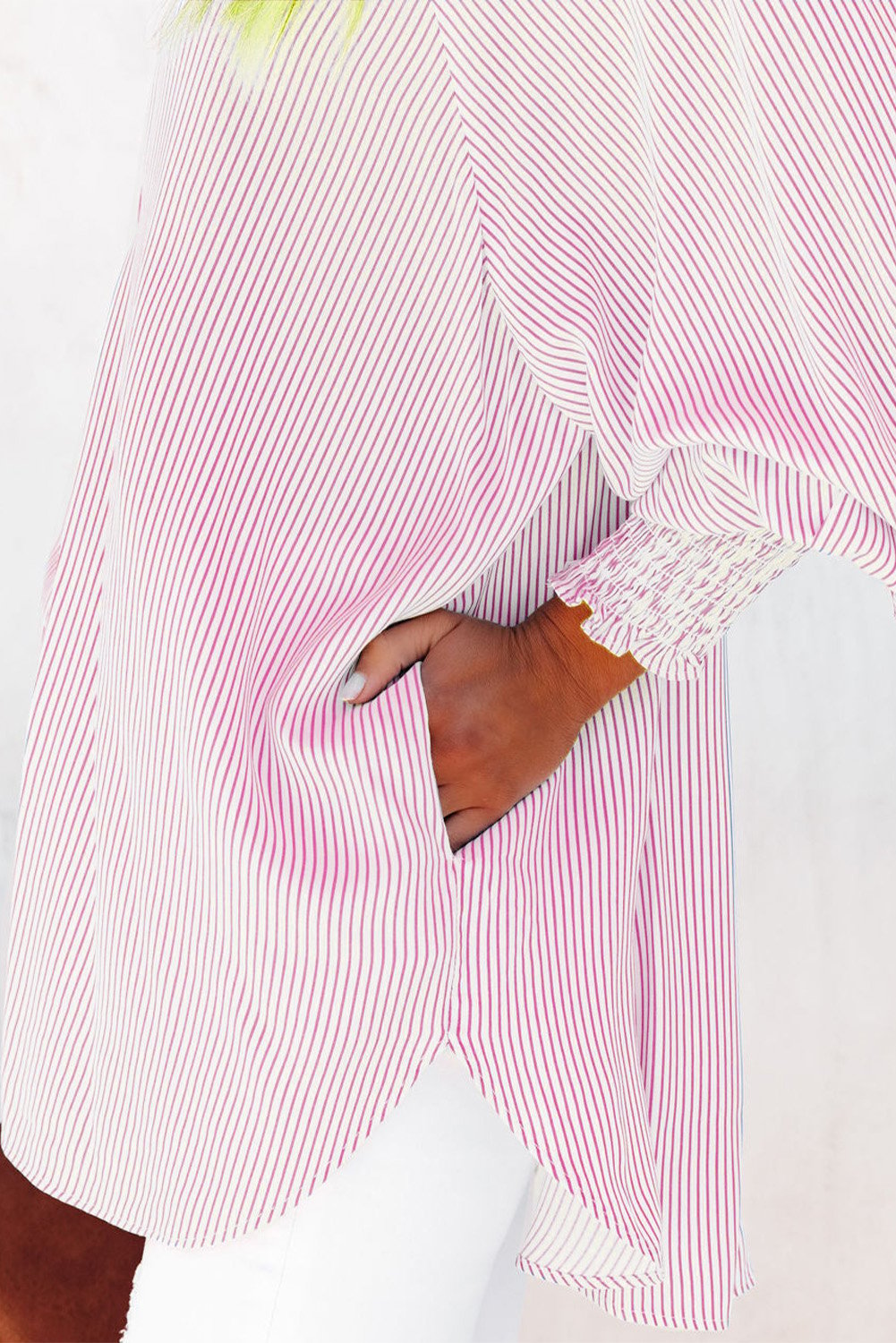 Last Day Sale 60% OFF - Mid-length smocked shirt with striped lapel and oversized drawdown sleeves