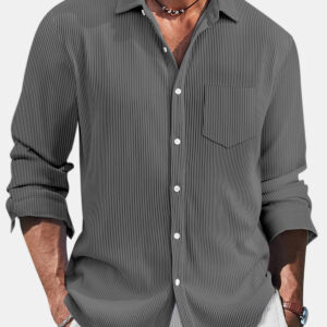 Men’s Casual Daily Pit Striped Solid Color Comfortable Long-sleeved Shirt