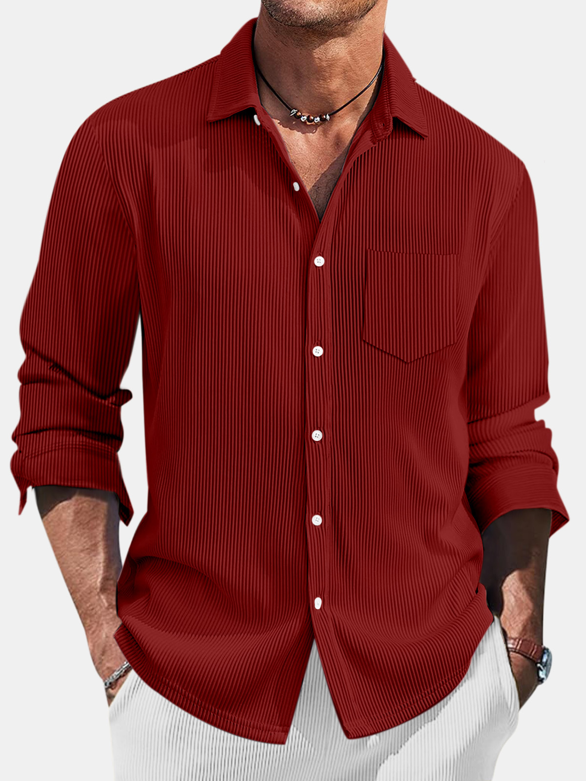 Men's Casual Daily Pit Striped Solid Color Comfortable Long-sleeved Shirt