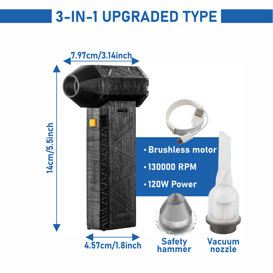 TurboJet 3-in-1 Mini Blower & Vacuum - 130,000 RPM, USB-C Rechargeable