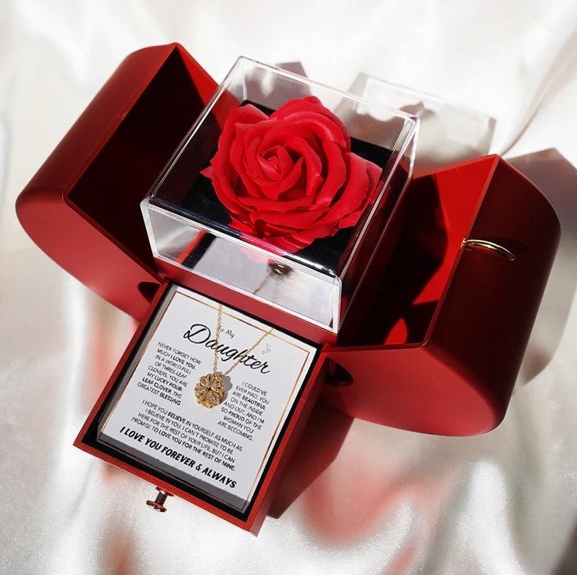 Daughter's 4-Leaf Clover "Lucky Charm" Necklace and Forever Rose Gift Box