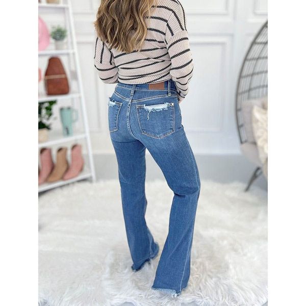 High Rise Non Distressed Vintage Frayed Hem Bootcut Jeans