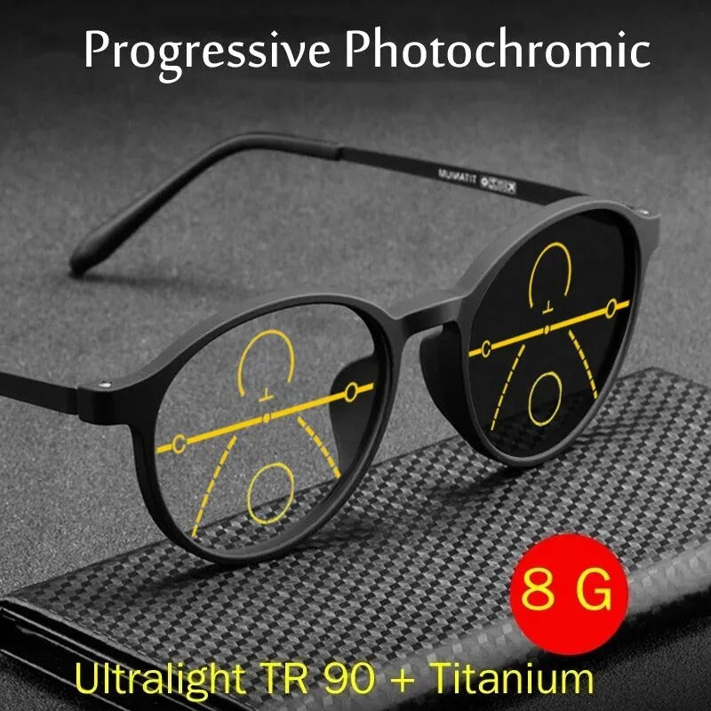 Ultra-light Titanium Transitional Anti-blue Photochromic Progressive Multifocal Round Frame Reading Glasses